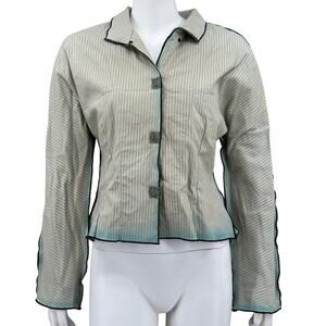 Deborah Cross Jacket Womens Medium Tan Blue Blazer‎ Textile Artist Art To Wear